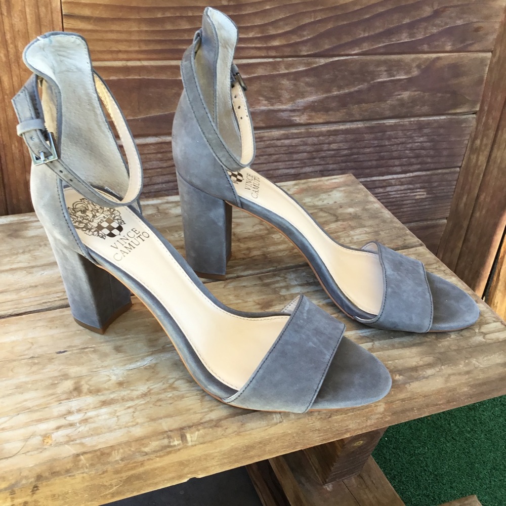 Vince Camuto Grey/olive Block Heels Strappy Suede